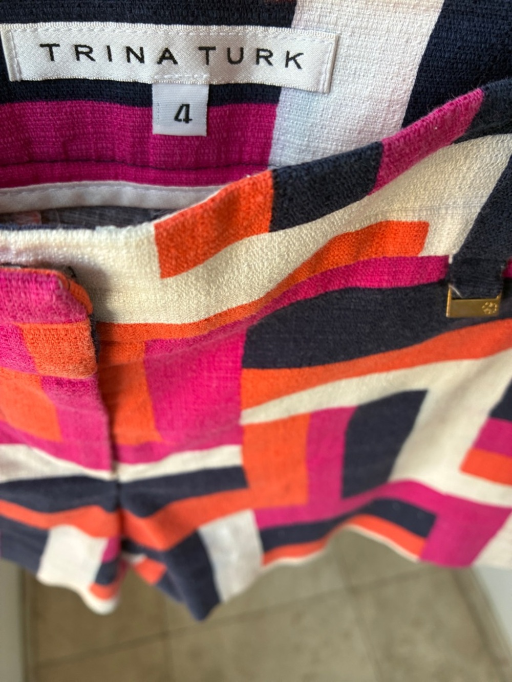Trina Turk Geometric High-Waist Shorts in Pink, Orange & Navy - Picture 5 of 6